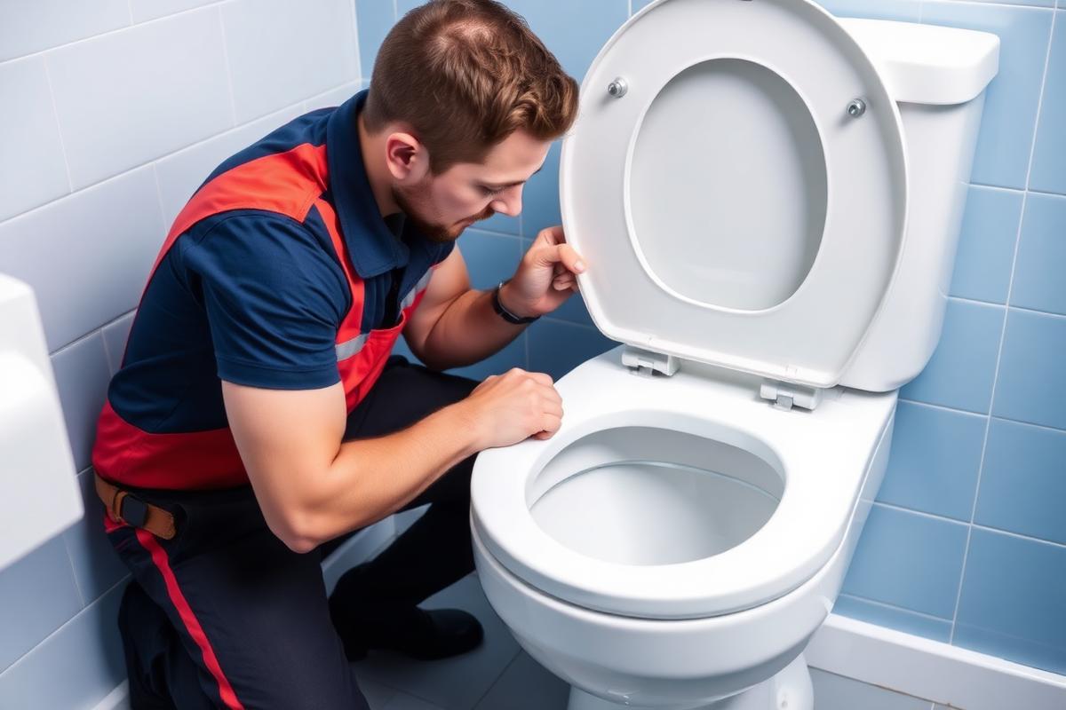 Sanitario revisando el mecanismo interno de una cisterna de inodoro